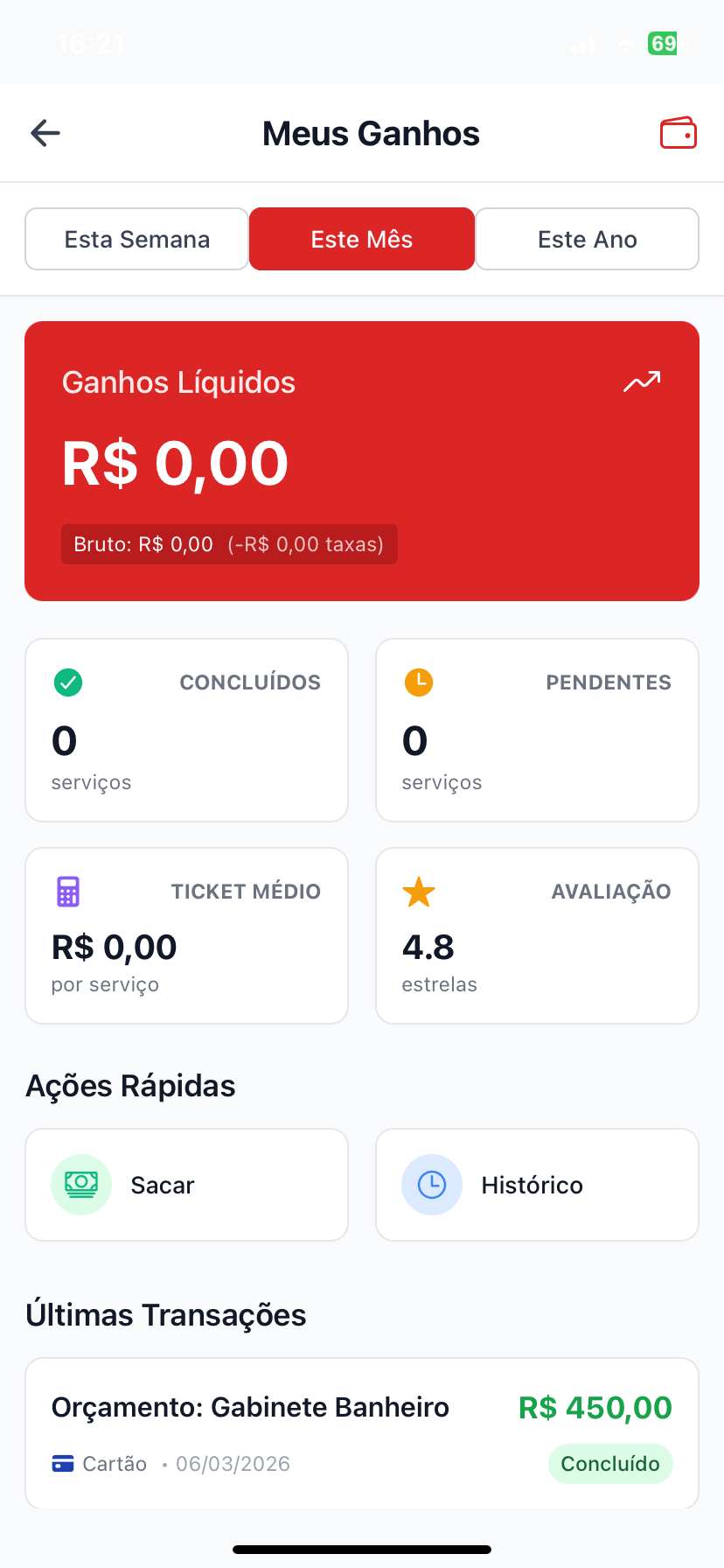 Painel de ganhos do profissional no app